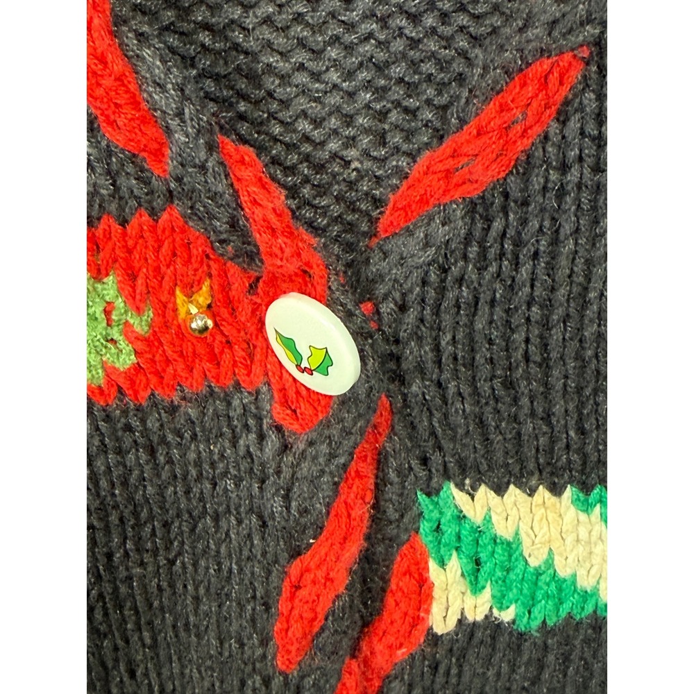 VTG Lauren Rogers Christmas Cardigan Sweater Black Knit Holiday Sleigh Tree 90's - Picture 4 of 11